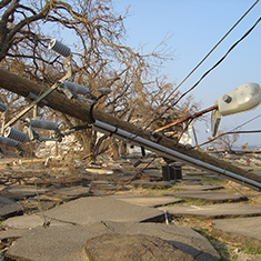 Fallen electric power poles in Waveland Mississippi